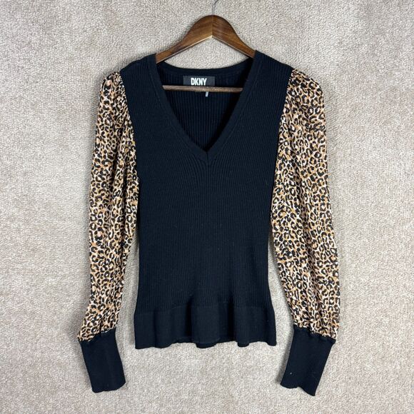 DKNY Sweater Top Womens Large L Black/Cheetah Repeat Ribbed Puff Shoulder V Neck - Picture 2 of 10